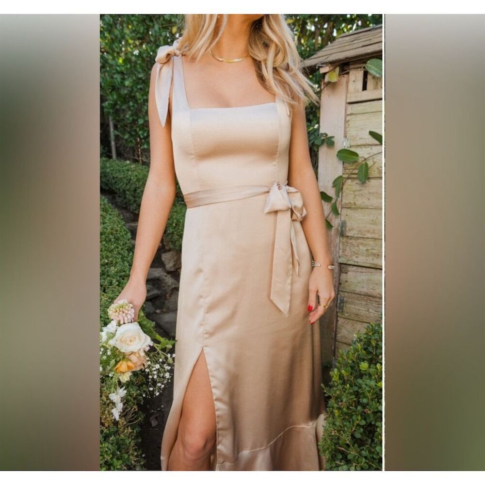 Satin Tie-Shoulder Midi Dress in Champagne